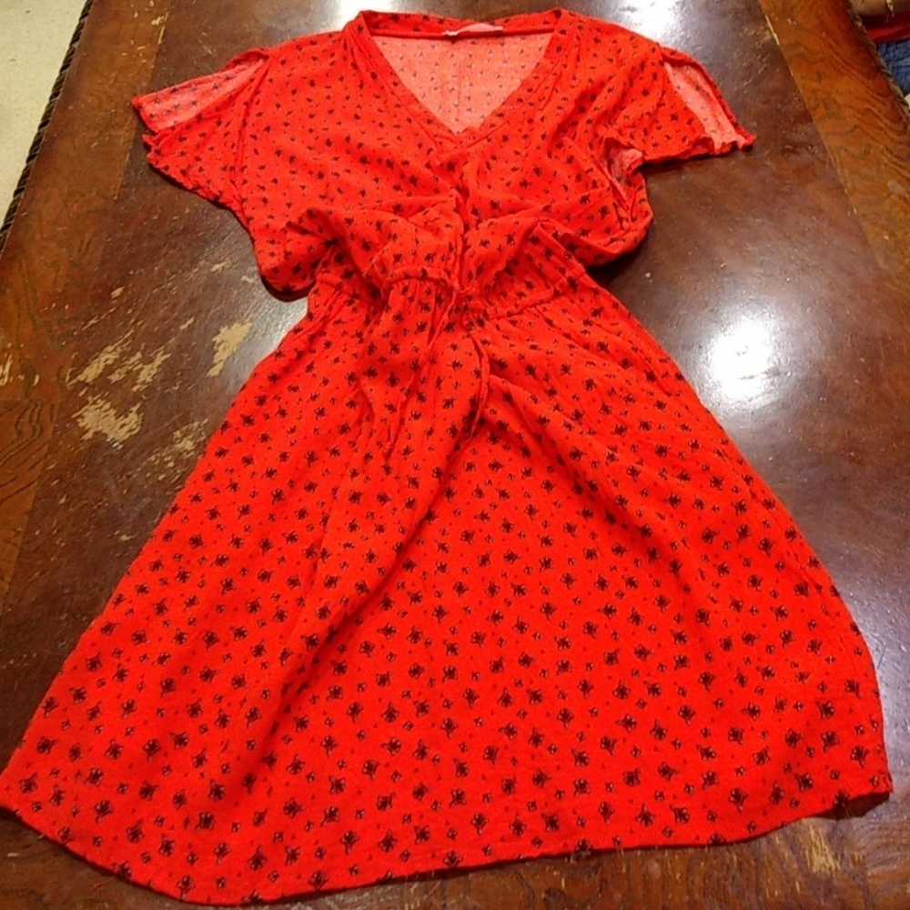 red draw string dress